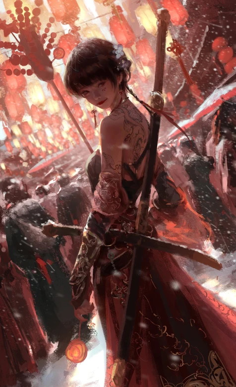 国风武侠少女·雪夜灯笼街市 高清全面屏锁屏-iPhone17-1