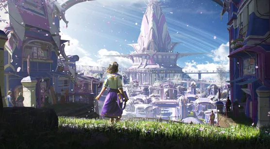 紫裙少女遥望奇幻主城 超宽屏4K高清桌面背景-iPhone17-1
