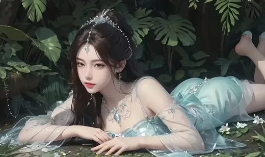 趴在丛林地上的古装裙装AI动漫美女壁纸图片