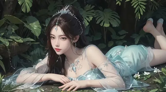 趴在丛林地上的古装裙装AI动漫美女壁纸图片-iPhone17-1
