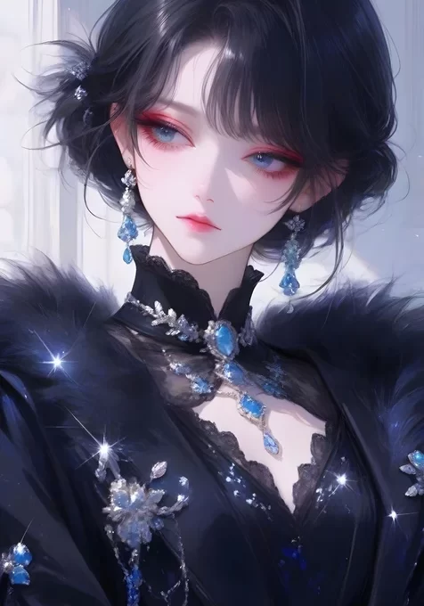 黑羽华服少女·蓝钻饰 古风轻奢竖屏壁纸