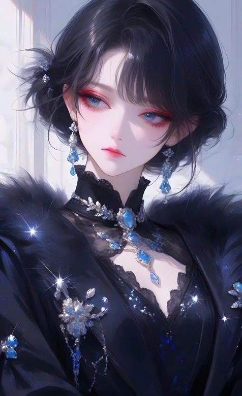 黑羽华服少女·蓝钻饰 古风轻奢竖屏壁纸-iPhone17-1