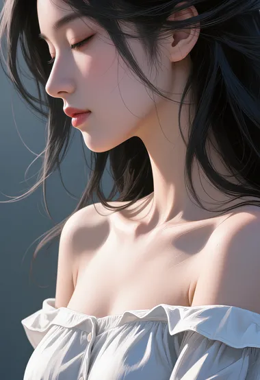 唯美写实风AI绘画女生·白色露肩裙发丝飘动 热门清新女生肖像