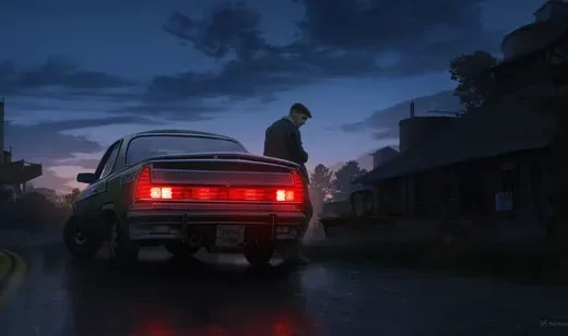 帅哥与复古车 写实暗黑风黄昏雨夜场景 高画质电脑壁纸