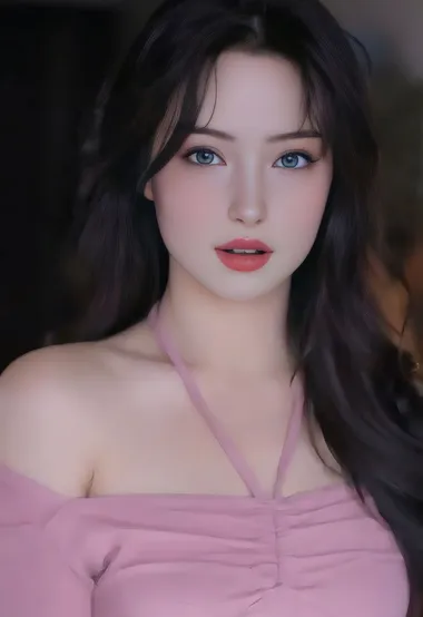 美女粉色露肩装长发甜美写真 清新壁纸