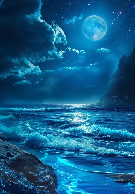 明亮夜光夜色下的安静寂静大海，海边手机壁纸图片