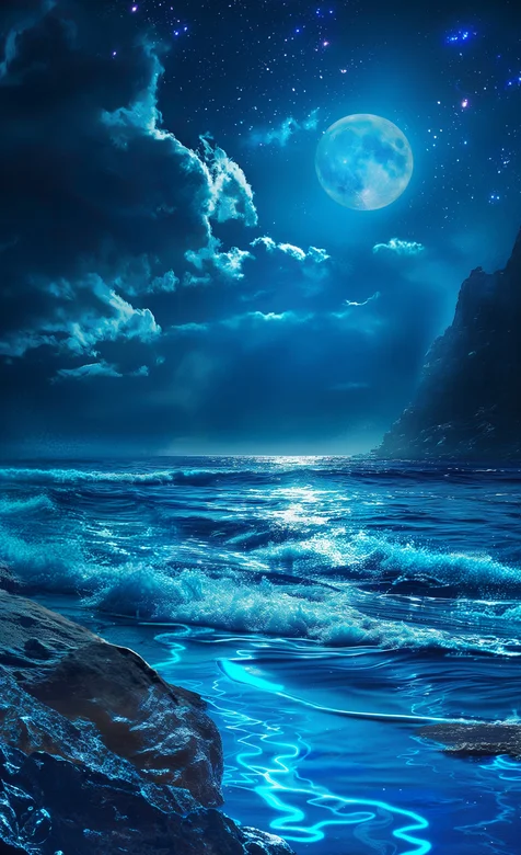 明亮夜光夜色下的安静寂静大海，海边手机壁纸图片-iPhone17-1