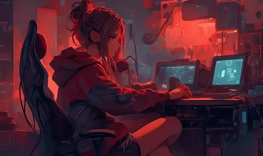 红色灯光，电脑房，坐在电脑桌前的丸子头发型AI美少女高清桌面图片