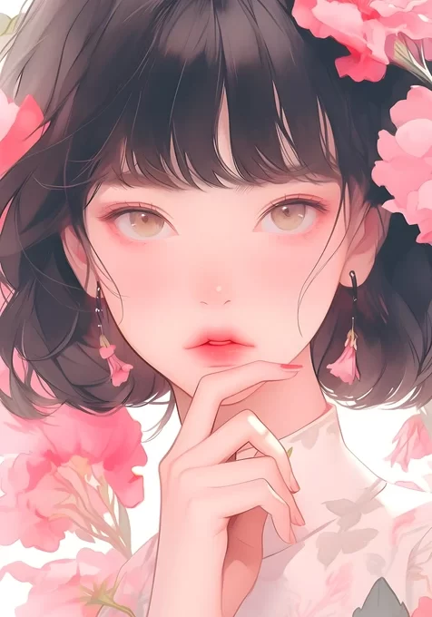 短发少女·粉色花簇环绕 唯美插画风 高人气竖屏壁纸