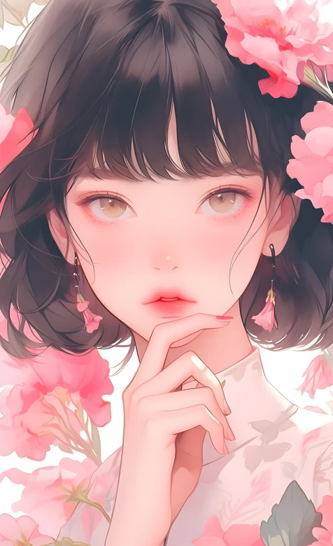 短发少女·粉色花簇环绕 唯美插画风 高人气竖屏壁纸-iPhone17-1