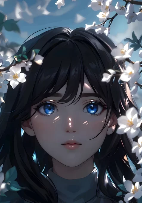 唯美动漫风黑发蓝眼少女·春日花景 高适配手机壁纸