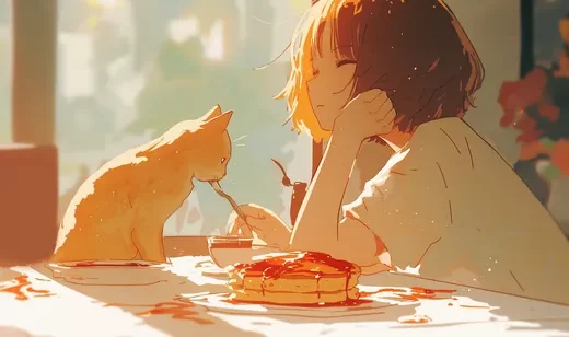餐桌上的，和猫咪一起进餐的短发小女孩唯美动漫壁纸图片