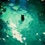 黑猫·绿水涟漪 唯美插画风动态电脑壁纸