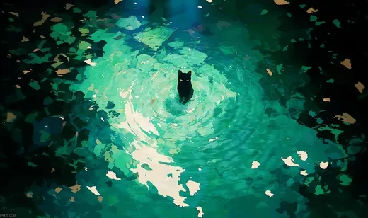 黑猫·绿水涟漪 唯美插画风动态电脑壁纸