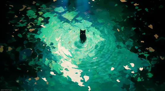 黑猫·绿水涟漪 唯美插画风动态电脑壁纸-iPhone17-1