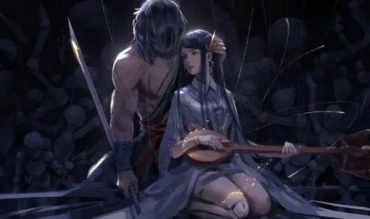 wlop作品暗雨废墟古风武侠插画：执刀男与弹琵琶女相依