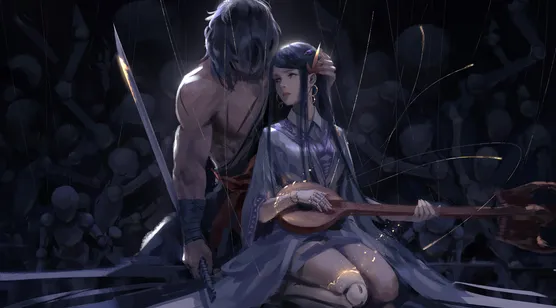wlop作品暗雨废墟古风武侠插画：执刀男与弹琵琶女相依-iPhone17-1