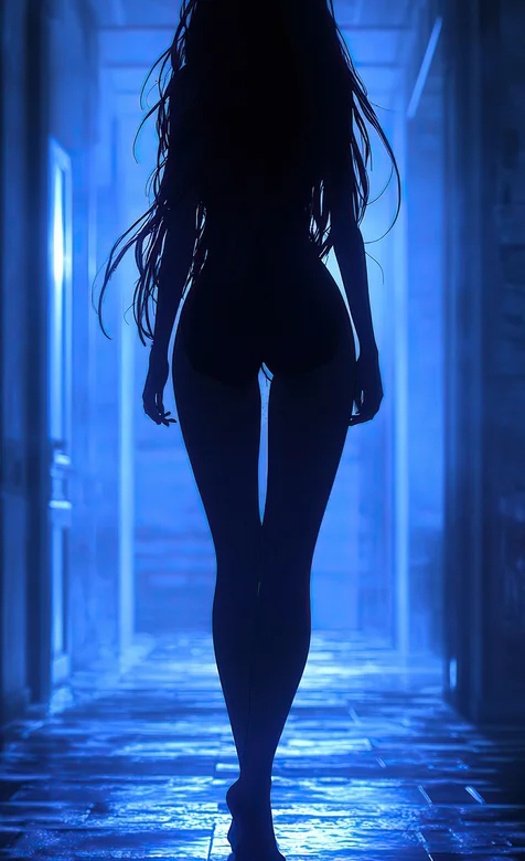 昏暗走廊上行走的完美模特身材美女背影手机壁纸图片-iPhone17-1