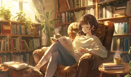 温馨书房，沙发上看报的动漫女生唯美插画壁纸图片