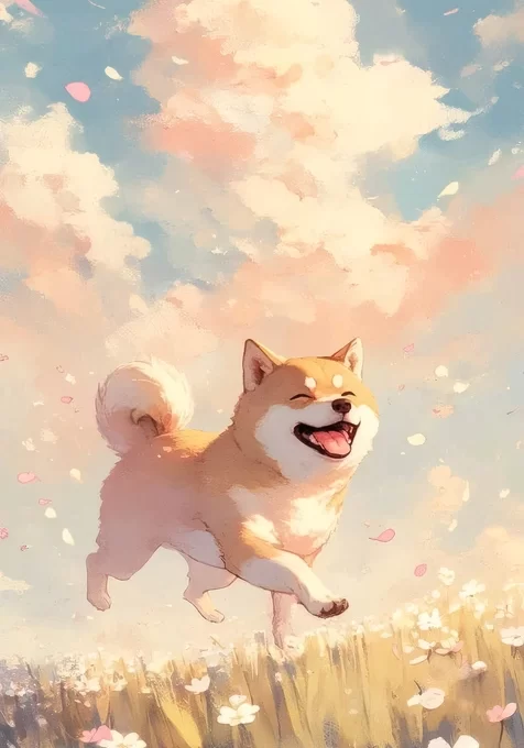 柴犬·笑靥奔跑 唯美治愈插画风花田手机壁纸