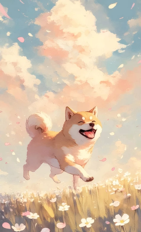 柴犬·笑靥奔跑 唯美治愈插画风花田手机壁纸-iPhone17-1