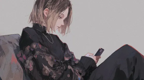 坐在沙发上，翘着腿看手机的时尚短发动漫手绘美女图片-iPhone17-1