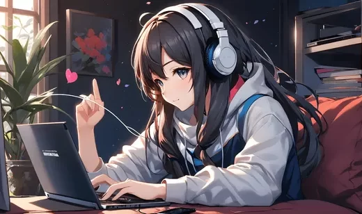 小小书房，戴着耳机，上网，玩笔记本电脑的AI动漫美少女图片