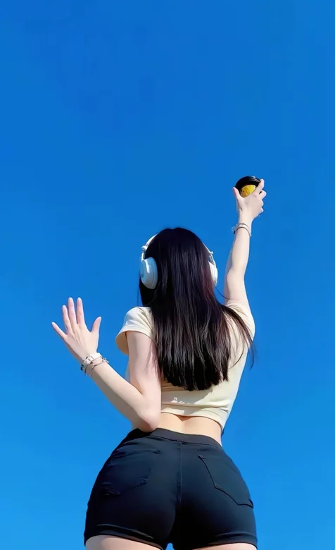 蓝天下，手举着咖啡的翘臀短裤美腿美女背影壁纸，善待自己，生活自然精彩-iPhone17-1