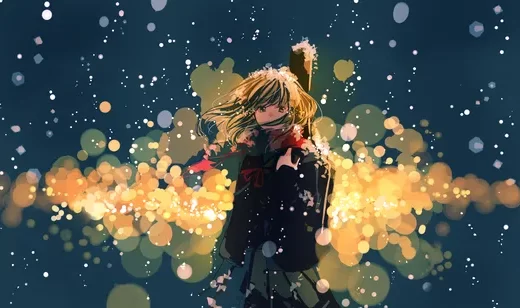 走在风雪中，背着吉他的短发动漫少女高清梦幻城市壁纸