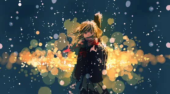 走在风雪中，背着吉他的短发动漫少女高清梦幻城市壁纸-iPhone17-1
