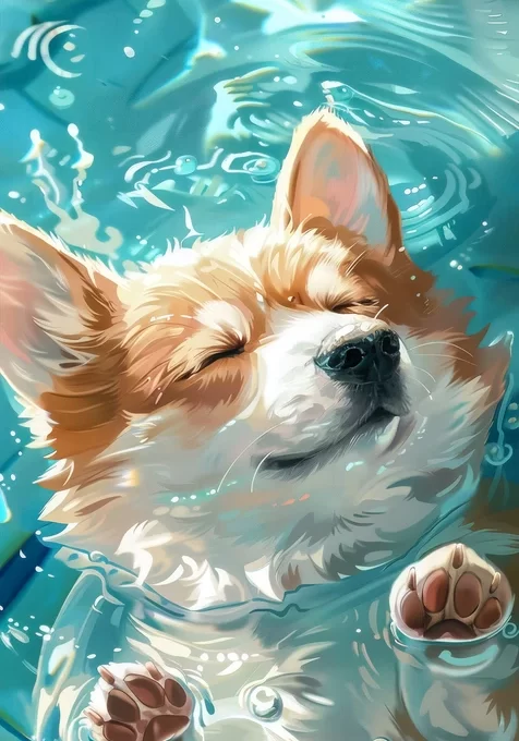 柯基·水中惬意漂浮 唯美插画风治愈系萌宠手机壁纸