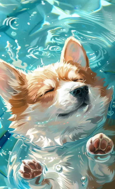 柯基·水中惬意漂浮 唯美插画风治愈系萌宠手机壁纸-iPhone17-1
