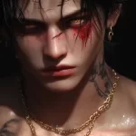 纹身男，伤痕累累，受伤，眼神杀，眼神犀利ai男人壁纸图片