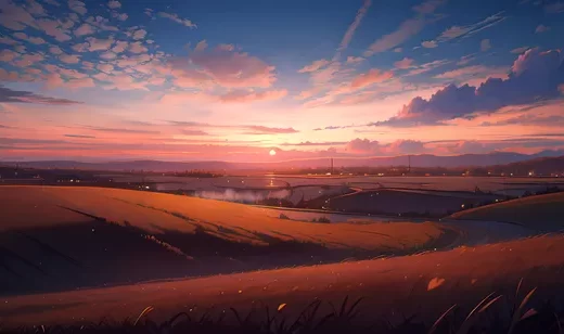 夕阳下，一望无际的郊外风景AI场景唯美桌面壁纸图片