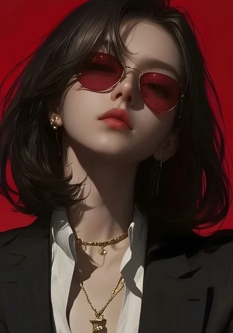 红镜红唇黑西装短发女性时尚人像