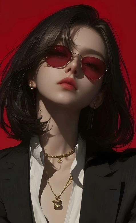 红镜红唇黑西装短发女性时尚人像-iPhone17-1