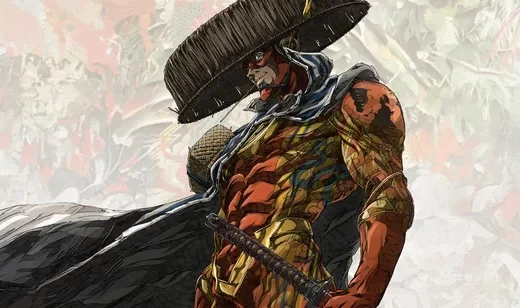 DC动画《忍者蝙蝠侠大战极道联盟》，身着斗笠和披风，手持武士刀的人物