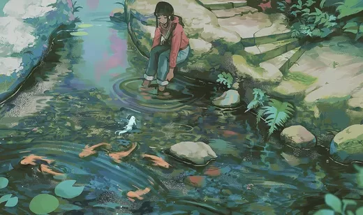 坐在清澈河水的小河边泡脚的动漫女孩