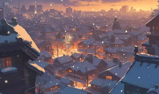 大雪纷飞的夕阳之下，灯火通明的热闹城市房屋唯美动漫场景插画壁纸图片