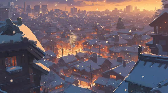 大雪纷飞的夕阳之下，灯火通明的热闹城市房屋唯美动漫场景插画壁纸图片-iPhone17-1
