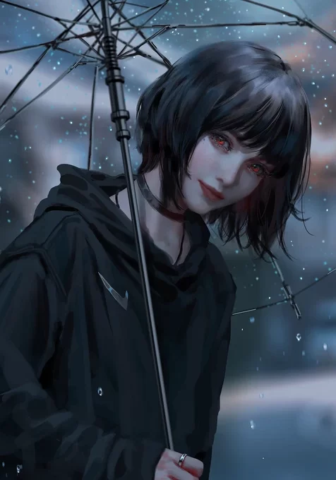 暗黑写实风红瞳短发少女·雨夜撑伞 原创插画壁纸