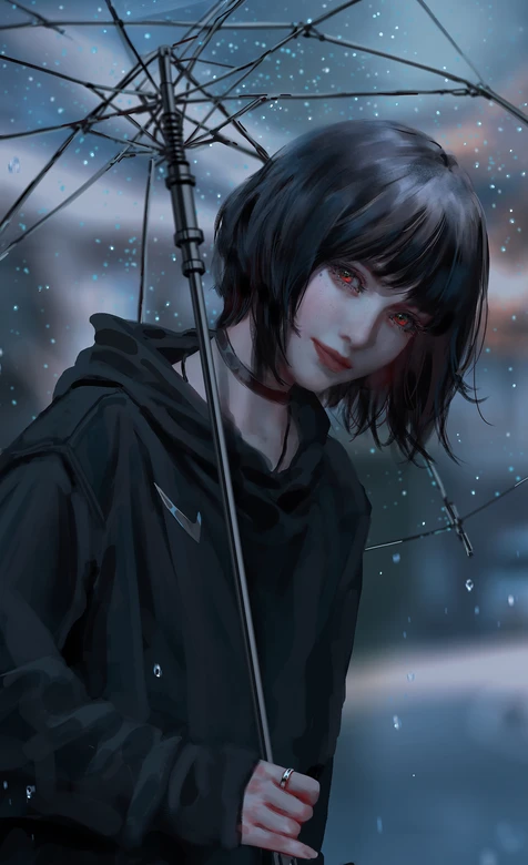 暗黑写实风红瞳短发少女·雨夜撑伞 原创插画壁纸-iPhone17-1
