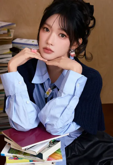 草莓配饰女生·甜美校园风 书堆旁清新写真（高热度女生图）