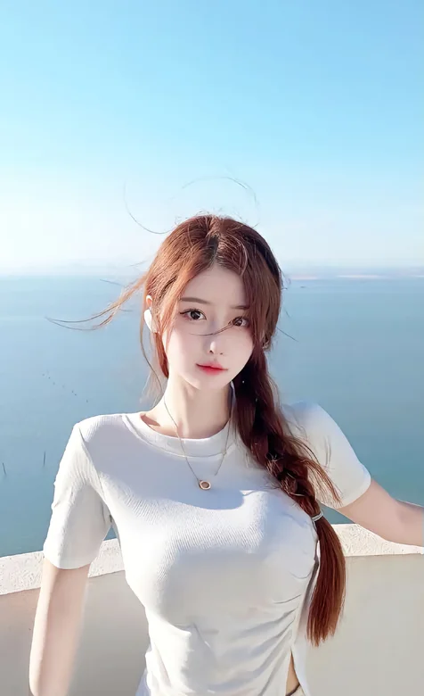 麻花辫美女，海岸边的白衫美女手机壁纸照片-iPhone17-1