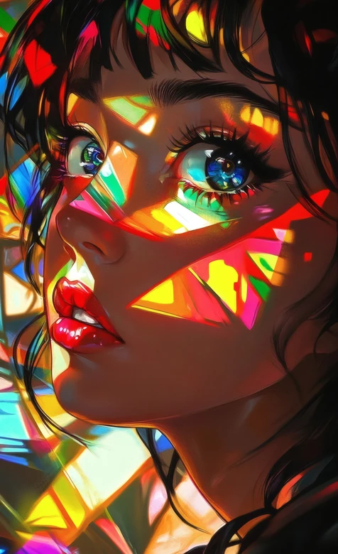 彩色玻璃光影少女 高饱和色彩视觉系艺术设计-iPhone17-1
