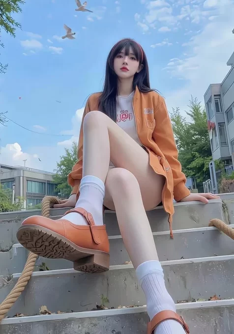 蓝天，白云，坐在台阶上的大长腿美少女独特角度拍摄AI手机壁纸图片