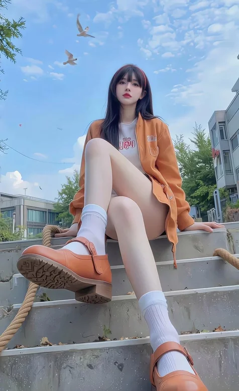 蓝天，白云，坐在台阶上的大长腿美少女独特角度拍摄AI手机壁纸图片-iPhone17-1