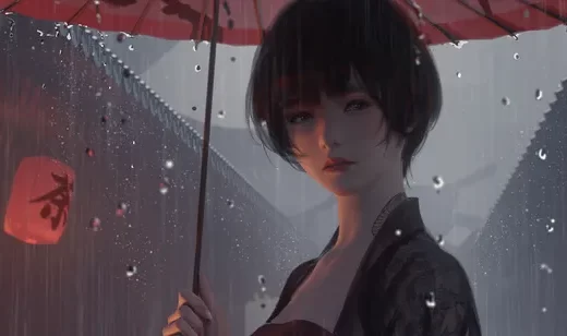 撑着红伞行走在雨中的短发古装美女插画桌壁纸图片