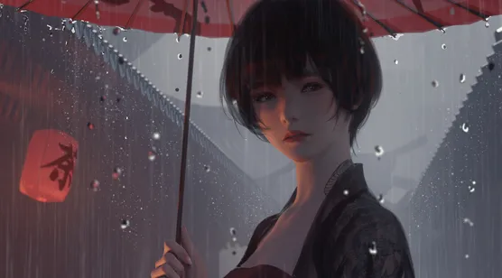 撑着红伞行走在雨中的短发古装美女插画桌壁纸图片-iPhone17-1