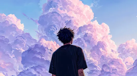背影少年·粉紫云海二次元唯美风 超治愈宽屏电脑桌面背景-iPhone17-1